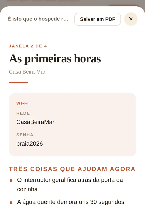 Prévia do guia pronto, do jeito que o hóspede recebe