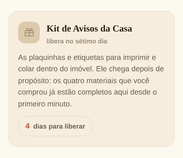 Cartão do Kit de Avisos dentro do app, mostrando quantos dias faltam para liberar