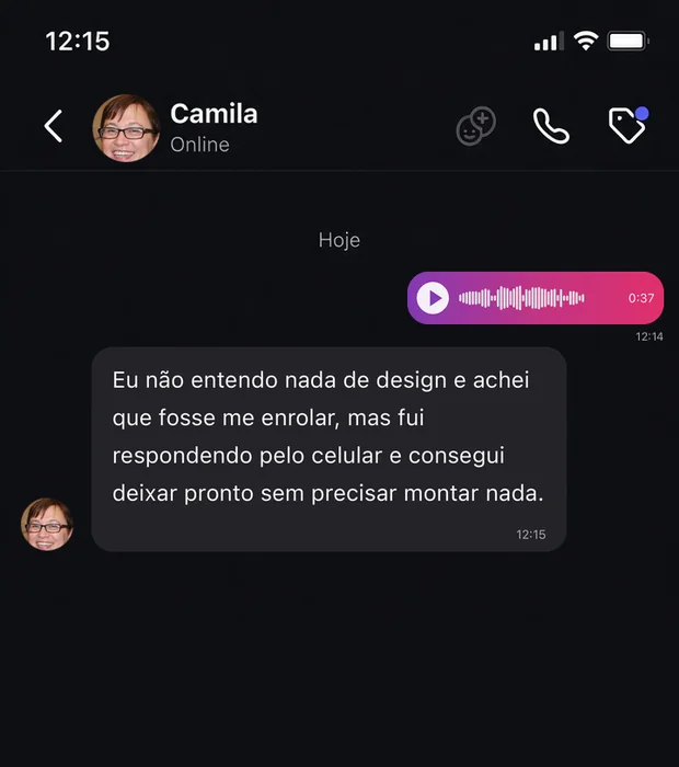 Print da conversa com Camila, com o áudio da pergunta e a resposta dela