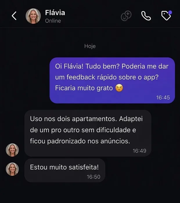 Print da conversa com Flávia, com a pergunta e a resposta