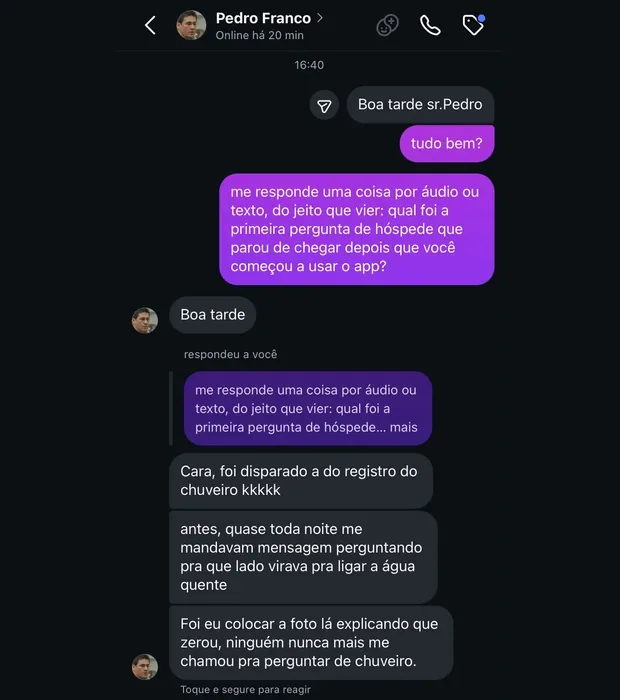 Print da conversa com Pedro, com a pergunta e a resposta